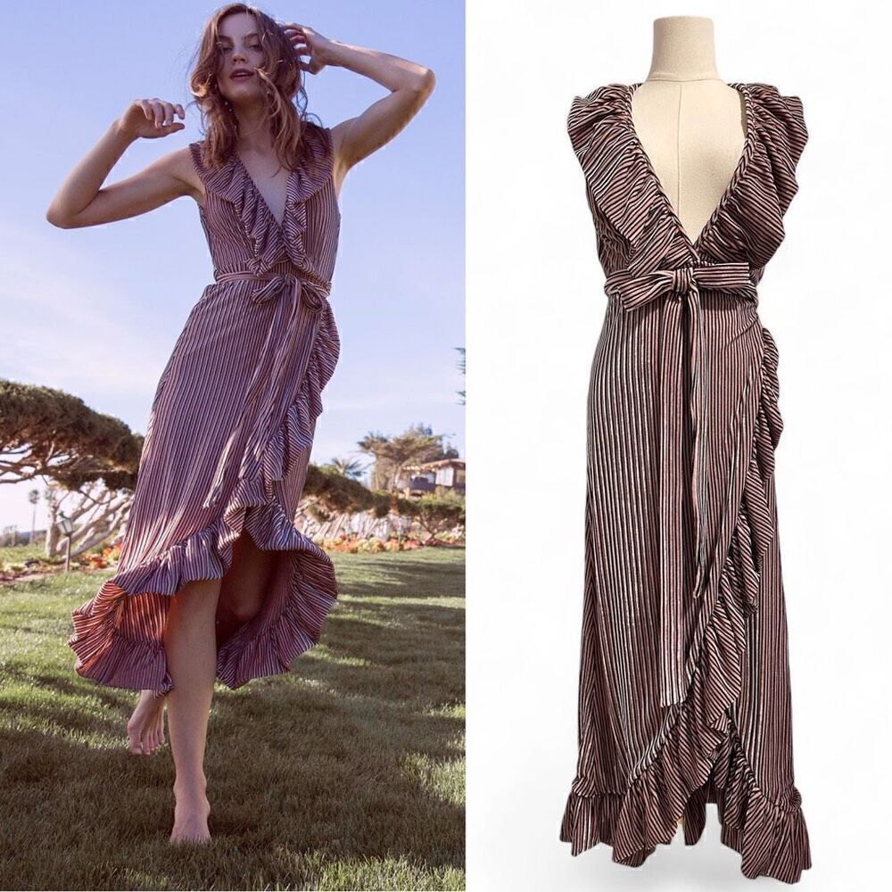 MISA Stripe Velvet Ruffle Wrap Midi ‘EVE’ Dress M Plunged V Neck Fairy Romantic